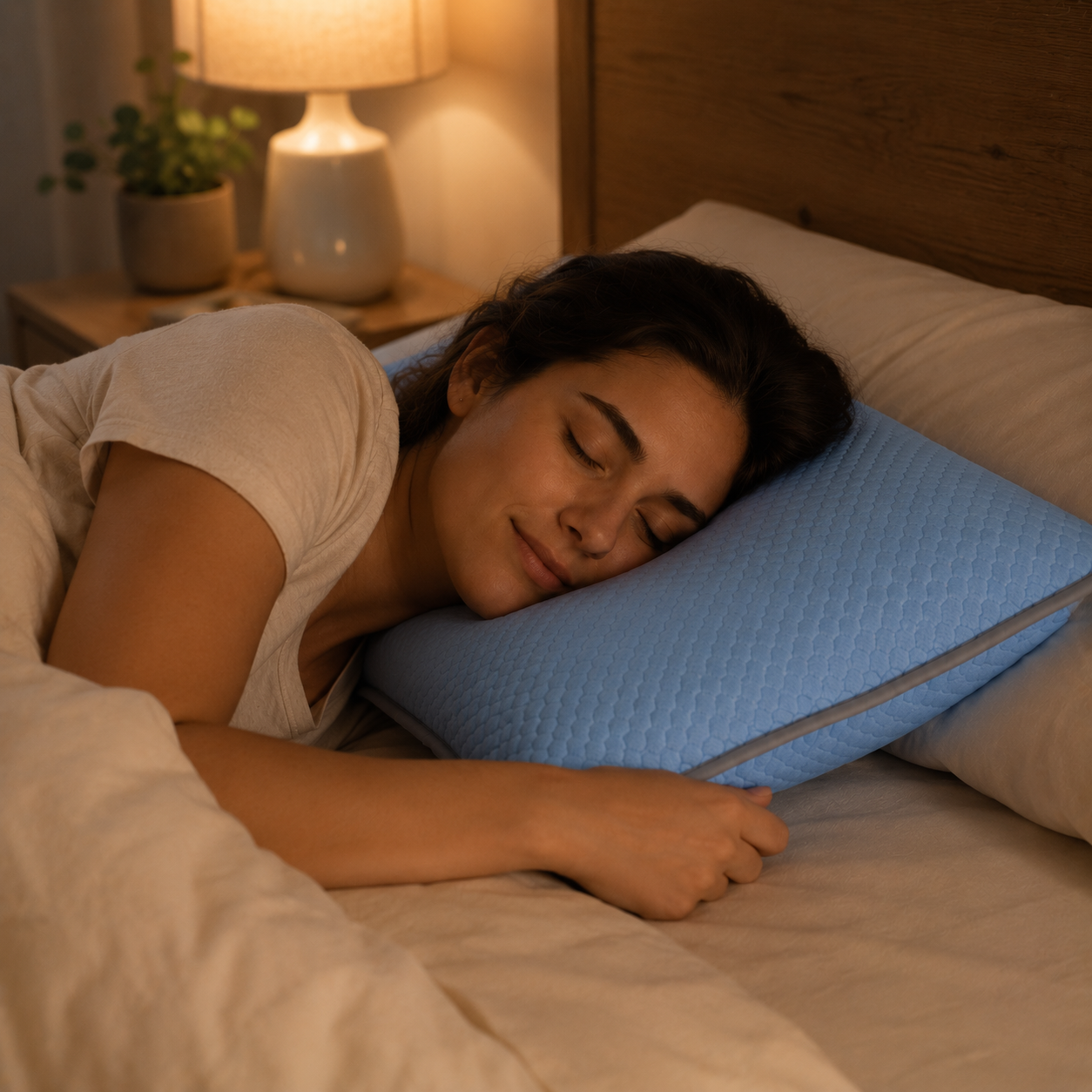 Opgemaakt bed met Vandori kussensloop bij zonsopgang